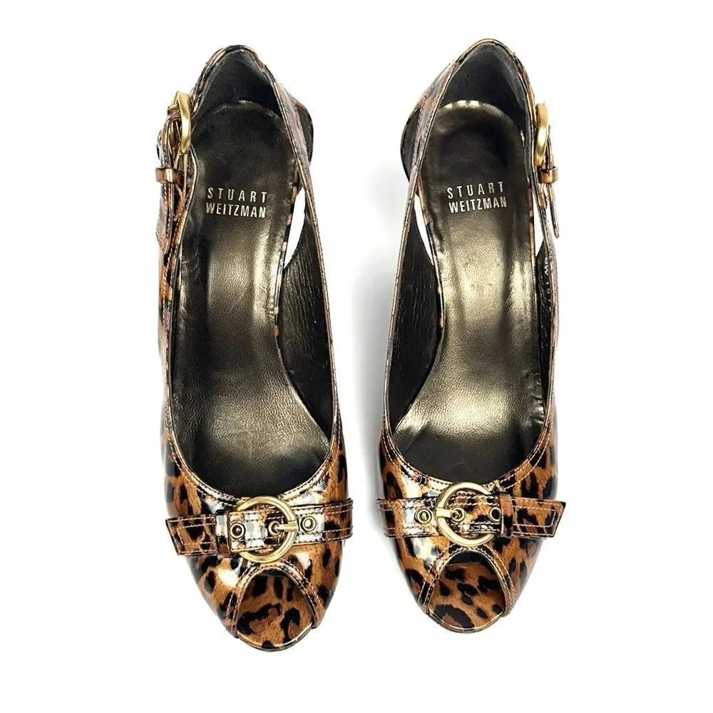 Stuart Weitzman Patent Leather Leopard Animal Print Peep Toe Pumps 6 1/2